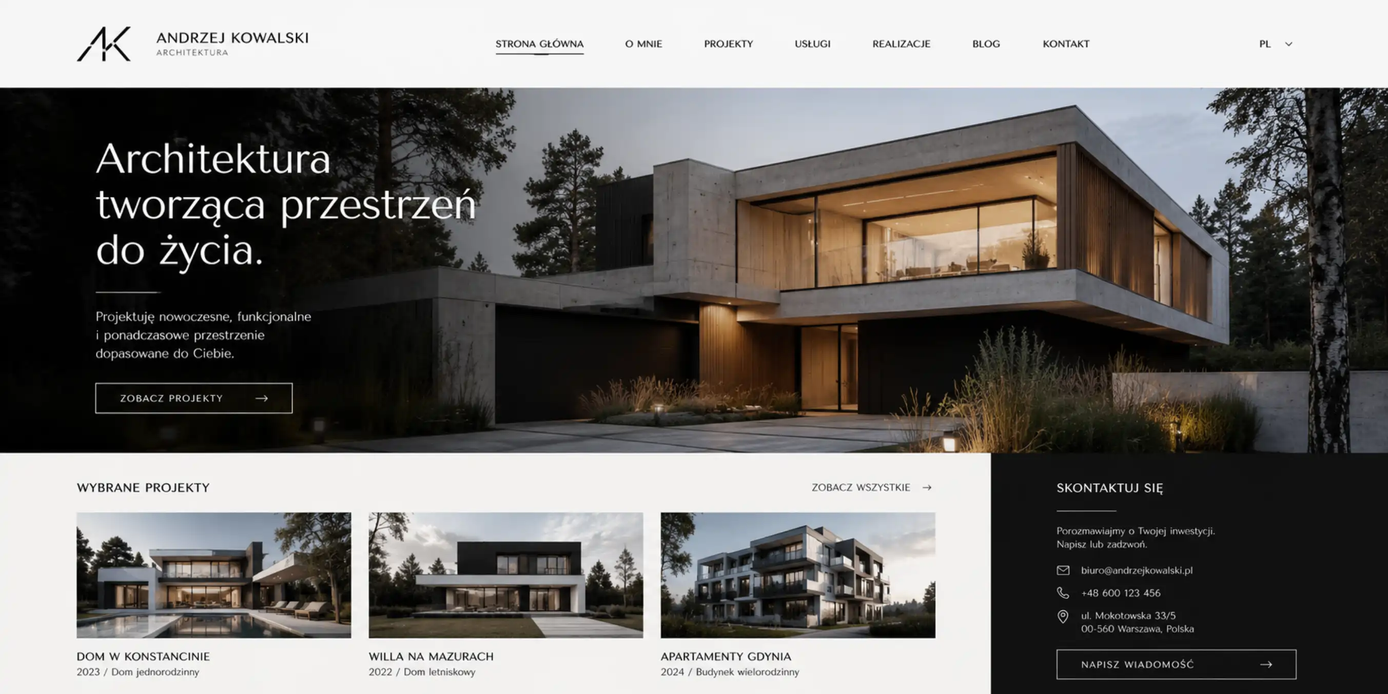 Strona dla architekta — portfolio projektów z cennikiem i rezerwacją konsultacji