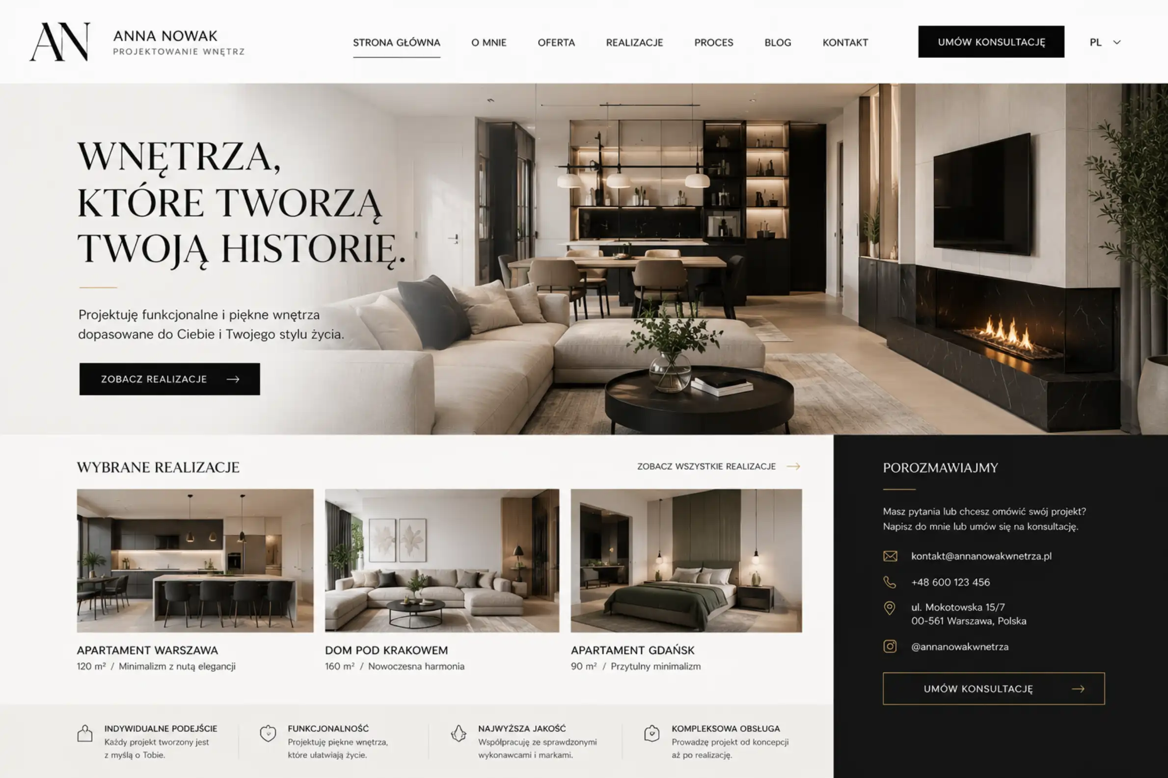 Strona dla projektanta wnętrz — portfolio realizacji z cennikiem i rezerwacją konsultacji