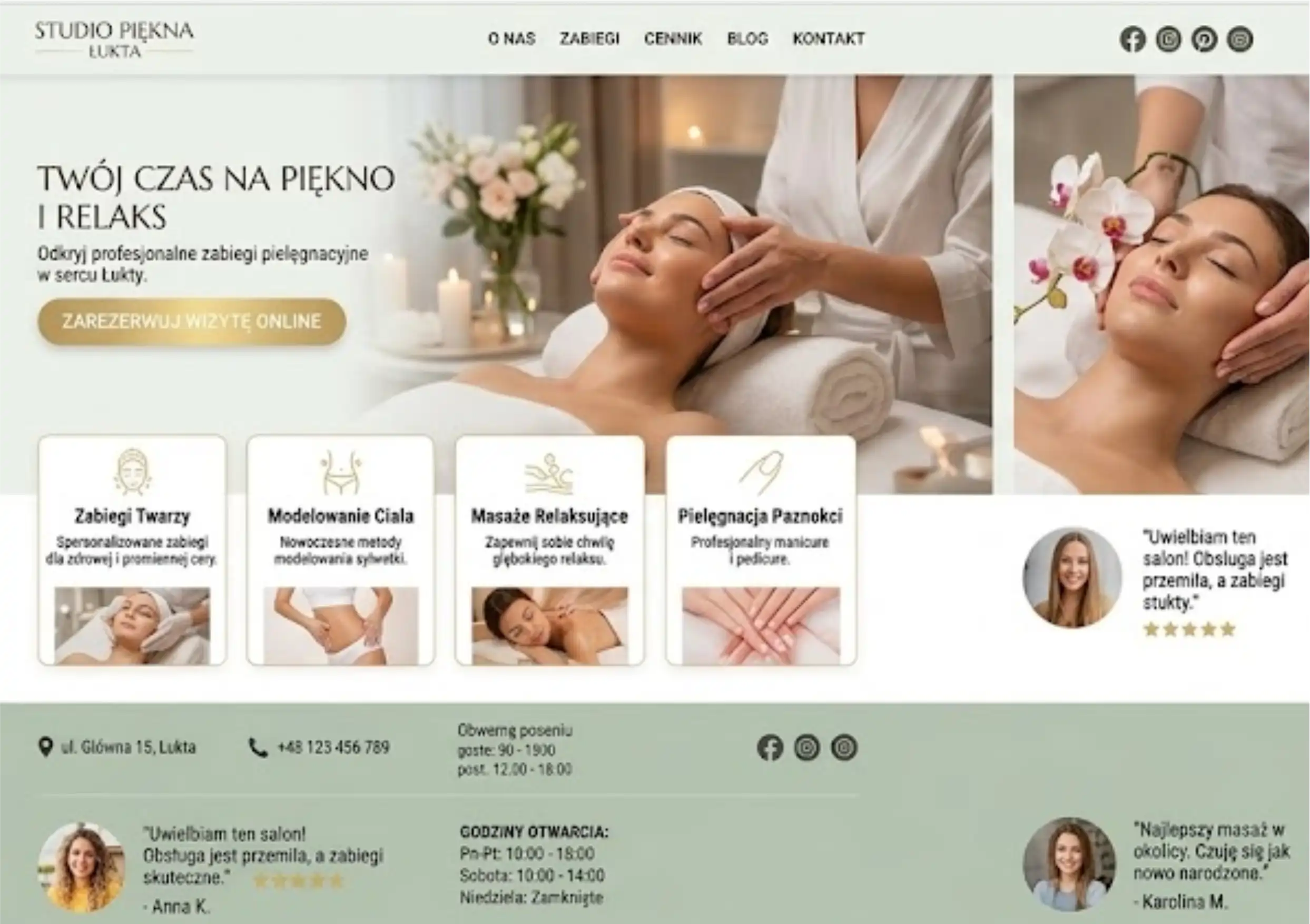 Pełny widok strony salonu kosmetycznego — cennik zabiegów, galeria przed/po i moduł rezerwacji 24/7