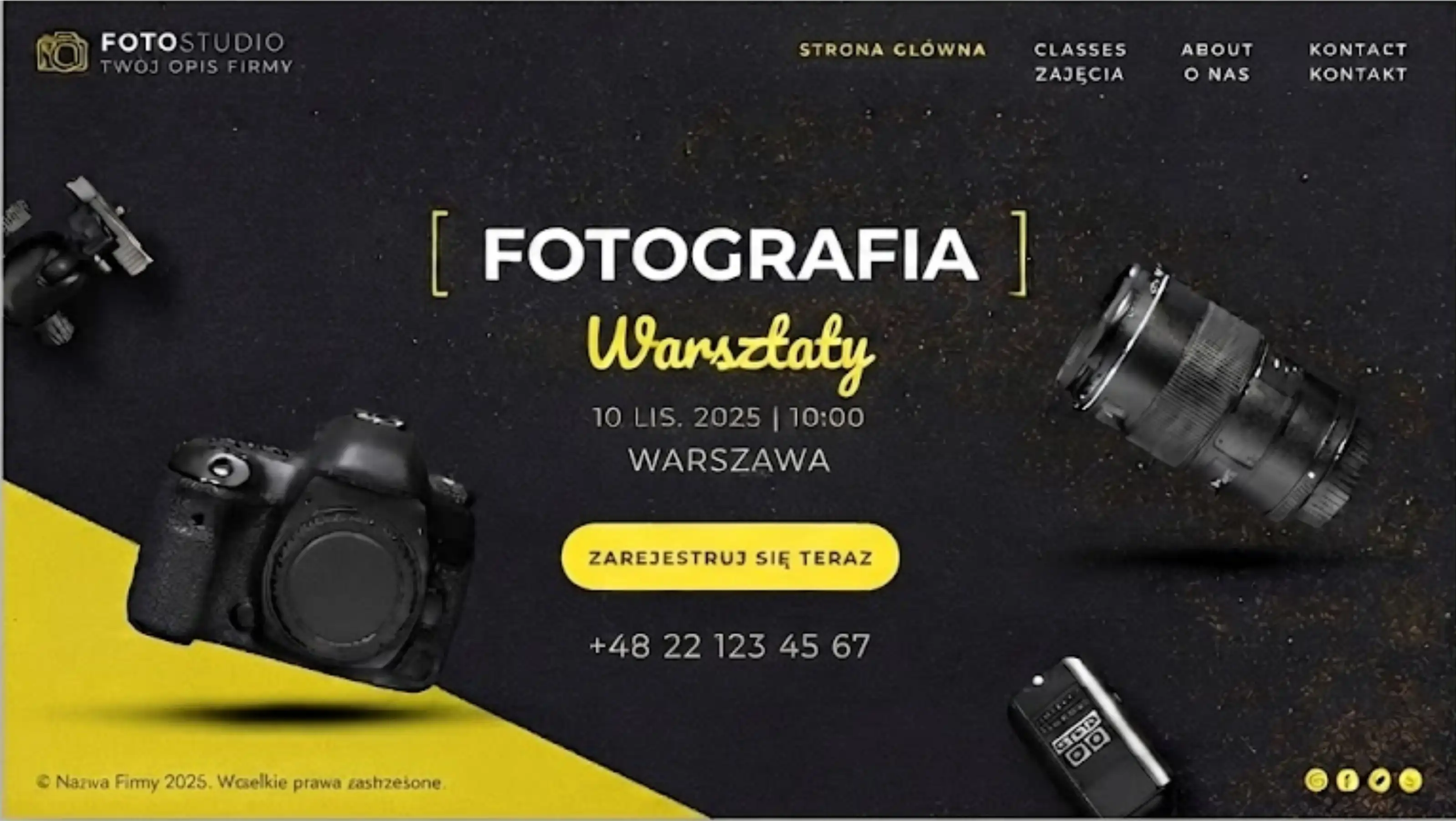 Pełny widok strony fotografa — portfolio z kategoriami, galeria pełnoekranowa i formularz rezerwacji sesji