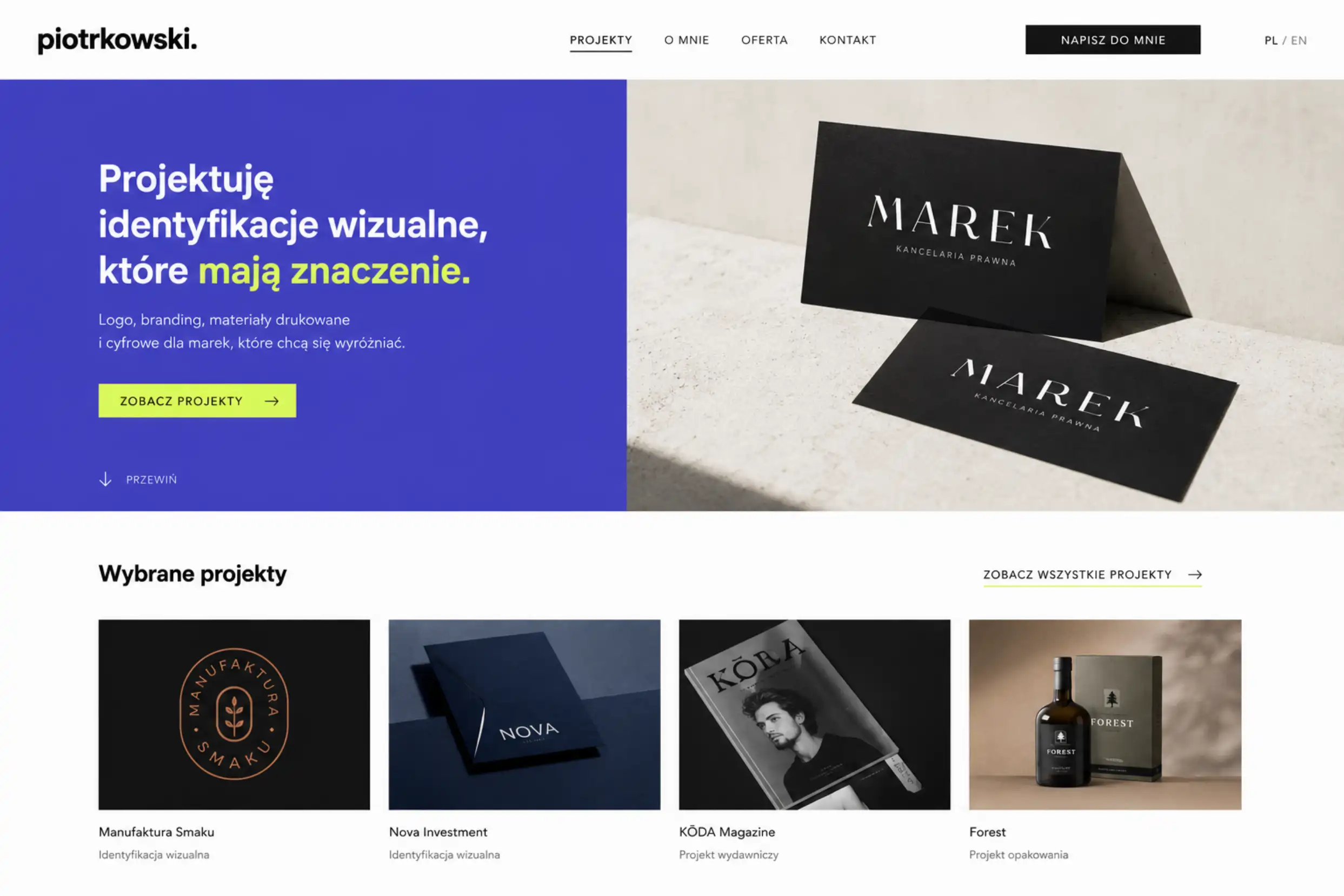 Strona freelancera — pełny widok portfolio, bloga i formularza kontaktowego