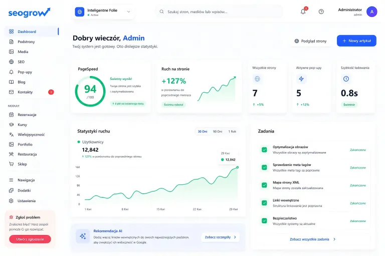 Interfejs panelu administracyjnego SEO Grow z widocznym edytorem wizualnym i ustawieniami SEO