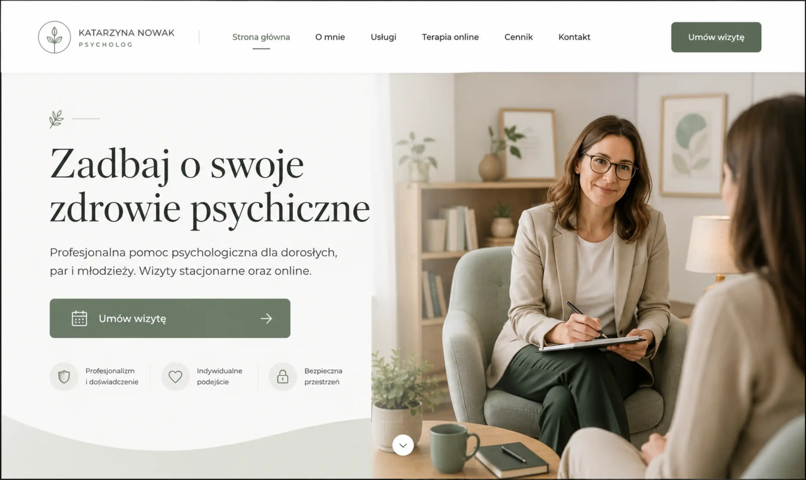 Strona psychologa — opis specjalizacji, blog edukacyjny i moduł rezerwacji z RODO compliance